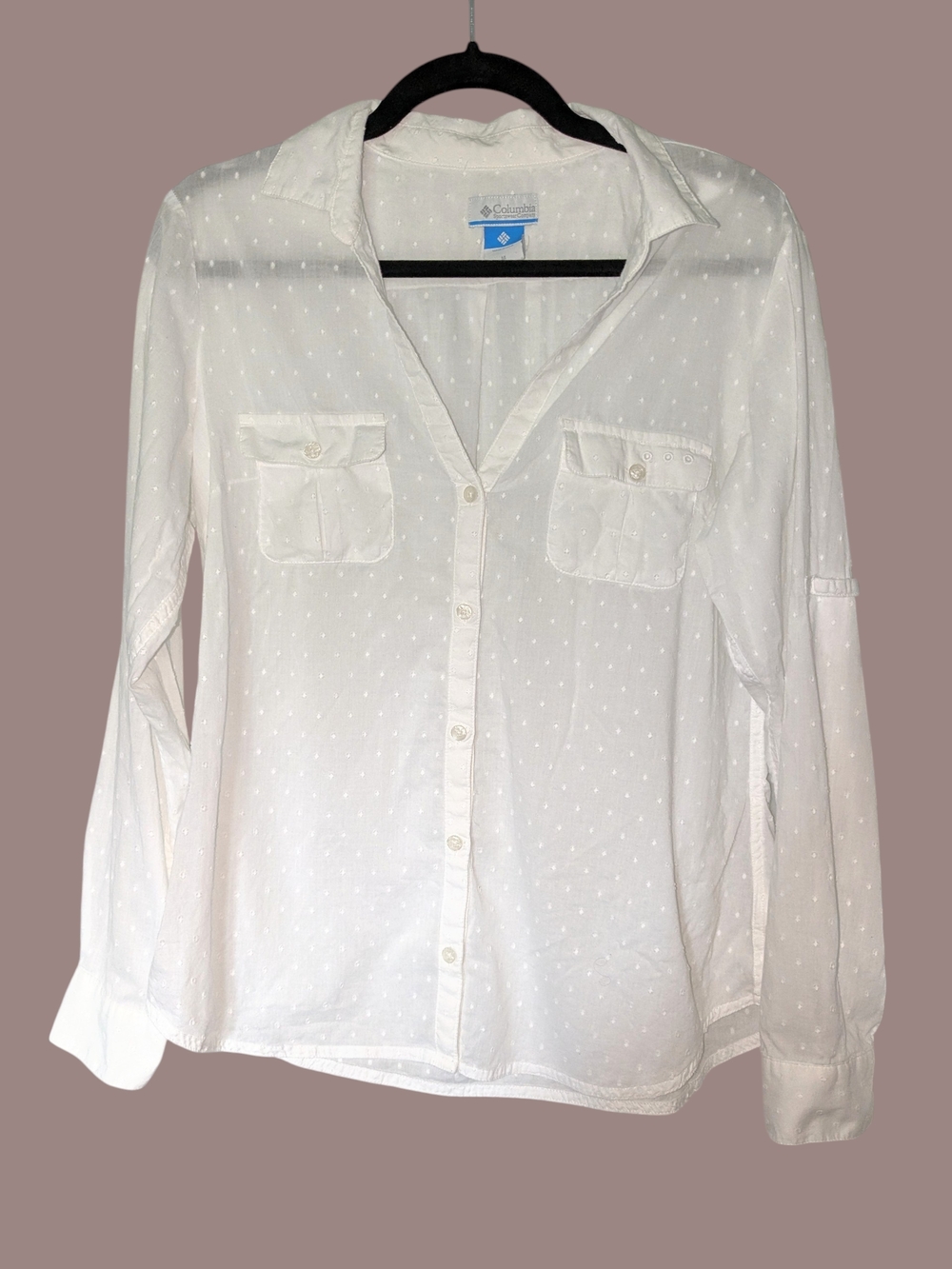 Columbia White Dot-Textured Performance Fishing Gear Button-Up Long Sleeve Shirt